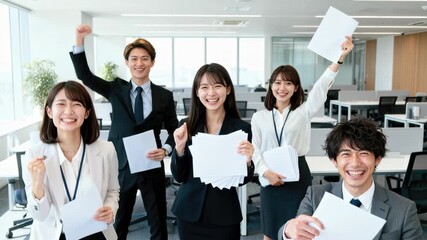 A happy team success celebration office with asian coworker business group corporate meeting, cheerful teamwork collaboration and achievement, professional open office workplace, smiling colleagues - Powered by Adobe