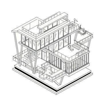 Isometric line drawing of a modern multi story architectural building.