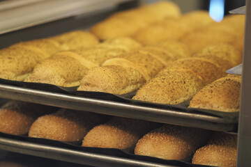 Freshly baked bread rolls displayed in a bakery shelf