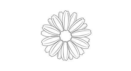 Simple outline drawing of a stylized daisy flower, featuring numerous petals arranged radially around an open central core, presented in black and white.