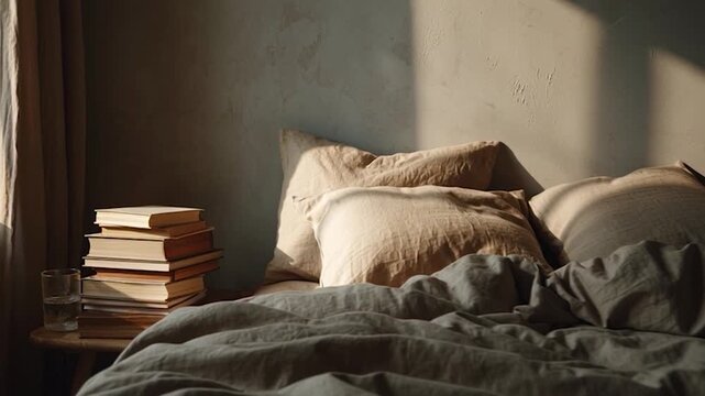 Cozy Morning Light Illuminates Bedroom with Books and Bed.