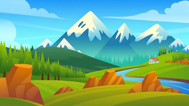 Majestic snow-capped mountains and a winding river in a vibrant landscape peaks