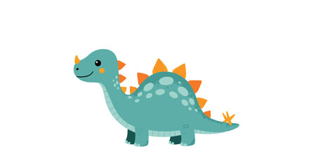 Obraz premium Cute cartoon dinosaur with a blue body, orange spikes, and spots, happily walking on a clean white background.