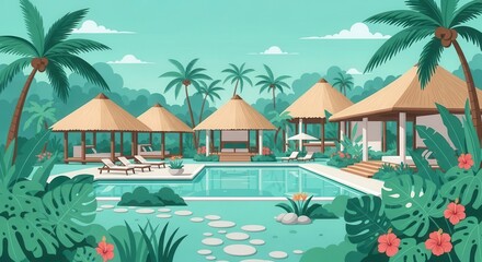 Idyllic tropical resort setting features thatched roof bungalows surrounding a clear swimming pool
