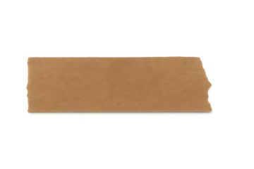 Kraft paper tape strip with torn edges, brown adhesive element on transparent background, sticky packing symbol