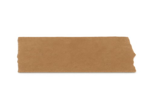 Kraft paper tape strip with torn edges, brown adhesive element on transparent background, sticky packing symbol