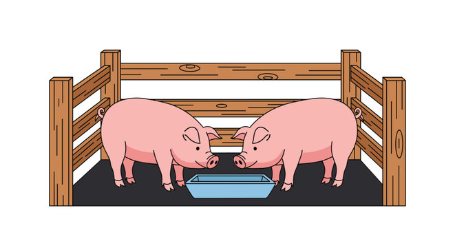 Cartoon illustration featuring two pink pigs in a wooden fence pen, with a blue feeding trough in the center.
