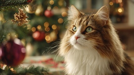 A fluffy tabby cat with green eyes gazes curiously near a decorated Christmas tree with warm bokeh lights.