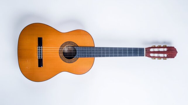 chords. An acoustic guitar displayed on a clean white background under professional studio lighting. tutorial guides, club newsletters, designed for tourism and weekend activity guides.
