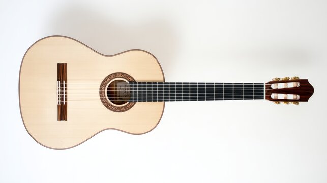 chords. An acoustic guitar displayed on a clean white background under professional studio lighting. tutorial guides, club newsletters, designed for tourism and weekend activity guides.
