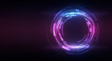A futuristic, circular, glowing, purple and blue light ring on a dark background with a dark purple and black background.