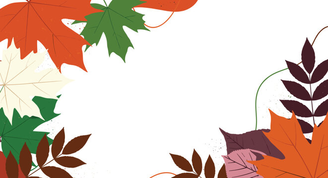 Colorful autumn leaves in various shapes and shades frame a clean white background, ideal for fall-themed designs and seasonal content.