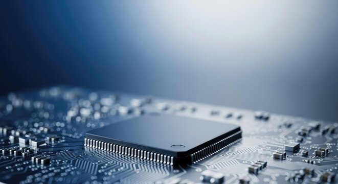 A black and white computer chip on a circuit board with a blue and white background.