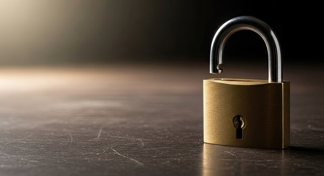 An open padlock on a wooden surface.