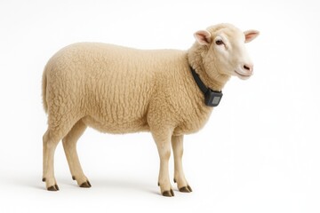 Obraz premium Clean well groomed sheep standing in side view on seamless white background farm livestock portrait for ethical wool dairy meat branding and sustainable agriculture design