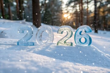A winter scene featuring the new year "2026" sculpted in translucent ice, surrounded by shimmering snowflakes and a soft, illuminated snowy backdrop. Happy New Year 2026.