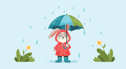 A happy cartoon rabbit in a red raincoat and blue boots smiles while holding a colorful umbrella in the rain, with green plants and flowers.