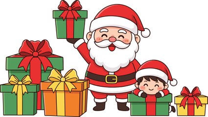 Santa Claus with child in gift box, Christmas celebration, festive cartoon, holiday joy, winter season, happy moment, colorful presents, illustration