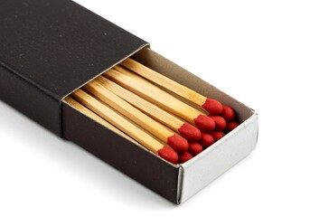 Close up shot of a matchbox with unused matches offering a source of light and fire creation