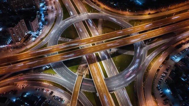 Vibrant streams of light from evening traffic flow through a complex urban highway network at night