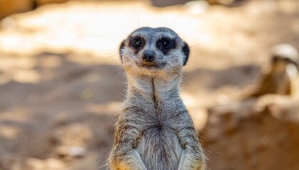 A close-up portrait of a meerkat staring directly at the viewer.