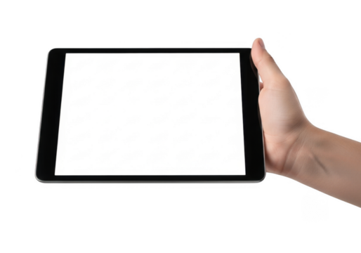 Hand Holding Tablet Device with Isolated Screen on Transparent Background for Mockup and Template Design