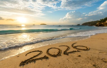 Golden beach with "2026" drawn in sand at sunset, ideal for promoting future vacations and resolutions or tropical holiday plans