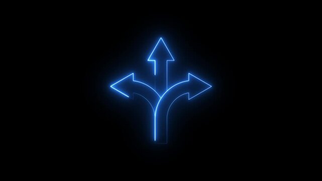 Neon flexibility icon animation on black background, glowing human figure with three-way arrow symbol, showing adaptability, multitasking, decision direction, career growth and skill development