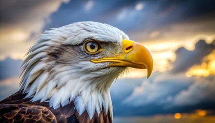 Obraz premium Close-up portrait of a majestic bald eagle against a dramatic, cloudy sky.