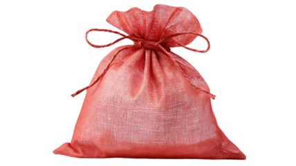 Red mesh drawstring gift pouch with textured fabric surface and tied cord closure for packaging and decoration isolated on white background