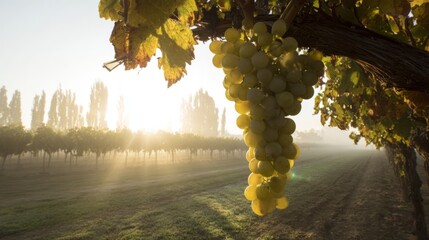 torrontes. Sunlight through morning mist on a cluster of white grapes in a vineyard. bar promotions, beverage menus, designed for food & beverage menus and cafe branding, enhances appetite appeal.
