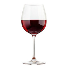 A single red wine glass filled with red wine on a white background.