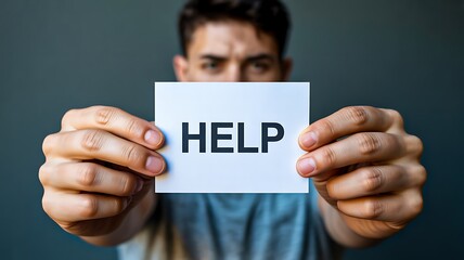 Man holding help sign expressing need for support and urgent assistance in emotional situation
