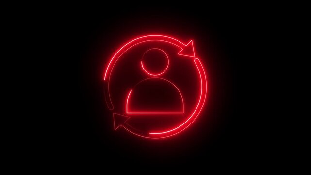 Neon life change icon animation on black background, glowing man silhouette with rotating arrow symbol, transformation concept, progress update cycle, personal growth and direction shift loop