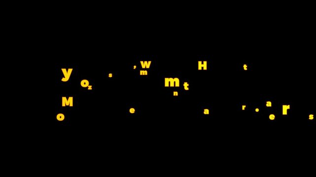 Scattered golden letters on a black background spelling out words and single letters