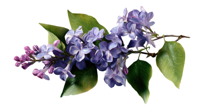 Beautiful lilac flower branch with purple blossoms and green leaves in detailed artistic style isolated on white background