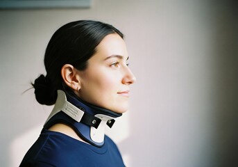 Young woman wearing a cervical collar for neck injury recovery