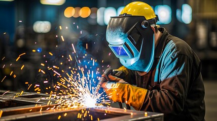 Industrial welder working with protective gear creating bright sparks in manufacturing environment
