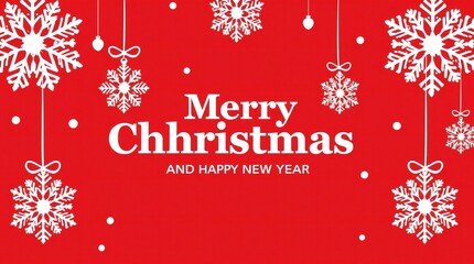 Elegant white snowflakes and merry christmas greeting on red background