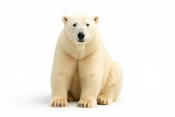 Polar bear sitting on its haunches with front paws neatly placed in front facing camera on pure white background arctic wildlife portrait for climate conservation education and winter design