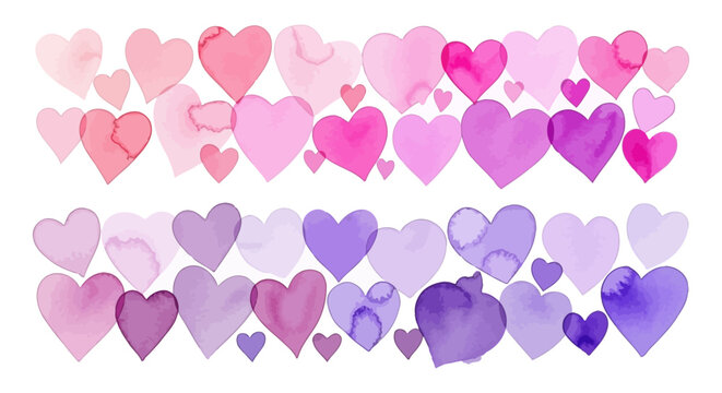 watercolor hearts in pink and purple gradient softly layered on a white background perfect for romantic graphic design and valentines day.