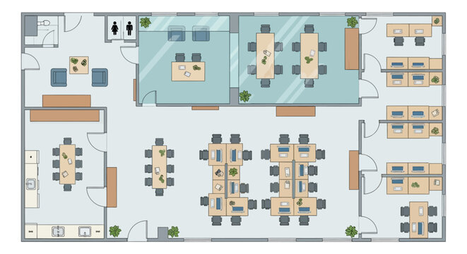 modern office floor plan showcasing dynamic corporate workspace with open-plan workstations private offices diverse meeting rooms and communal amenities for business design.