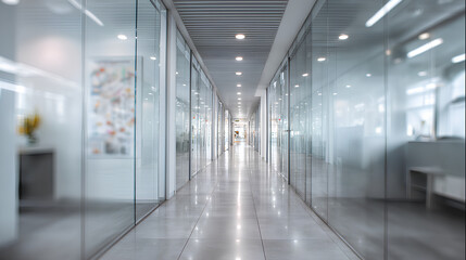 Blurred office hallway with glass walls and neutral colors creates a sense of space. Professional photos for backgrounds for text, banners, posters, and web displays. High quality