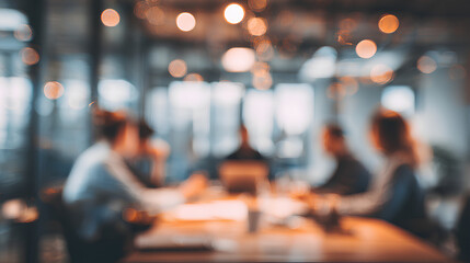 blurred photo of business people sitting around the table in an office, captured from behind and in focus, symbolizing collaboration within  company or between different quaint style icons.