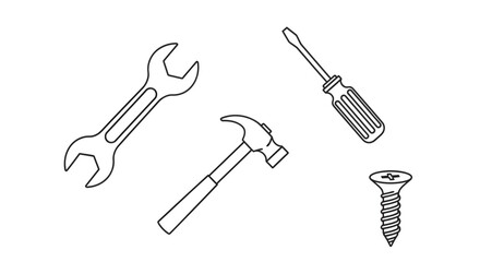 Naklejka premium Basic Hand Tools Outline Icons Set Wrench, Screwdriver, Hammer, and Screw