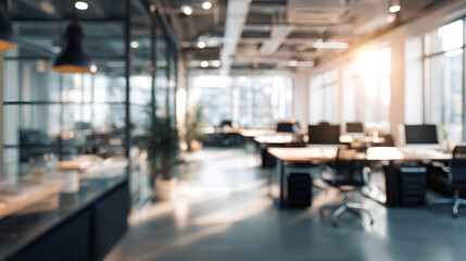 Fototapeta premium Bright and spacious office space in an unfocused view. Modern blurred background photo for banner, poster or magazine and website background. High quality