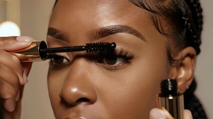 Close-up of a Black Woman Applying Mascara to Eyelashes