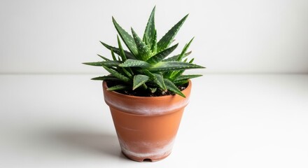 Fototapeta premium Aloe vera plant in a terracotta pot, radiating a sense of natural well-being and indoor gardening
