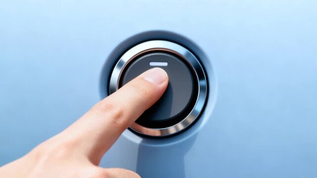 Finger pressing modern smart button control with LED indicator on blue background for home automation and IoT technology concept.
