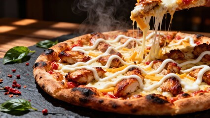 A freshly baked pizza with melted cheese being pulled, showing gooey strands, topped with chicken, herbs, and drizzled sauce on a dark stone surface.